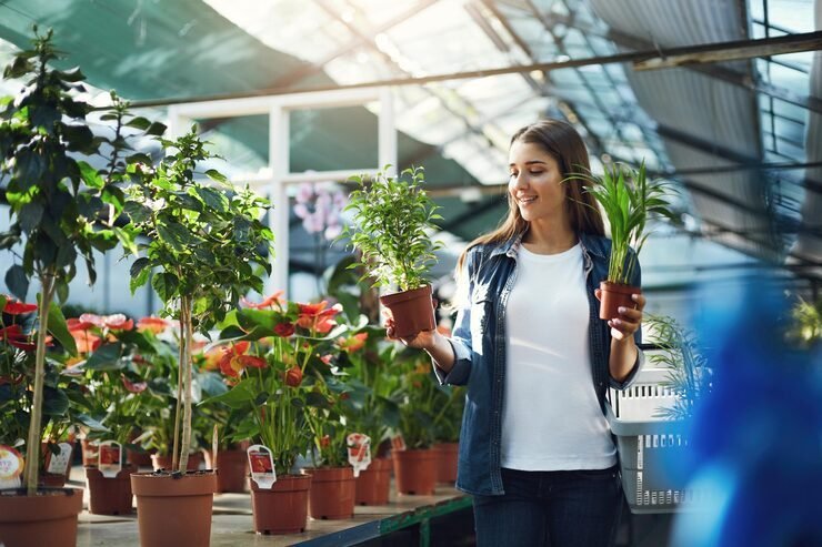 Customer choosing potted plants at a plant nursery