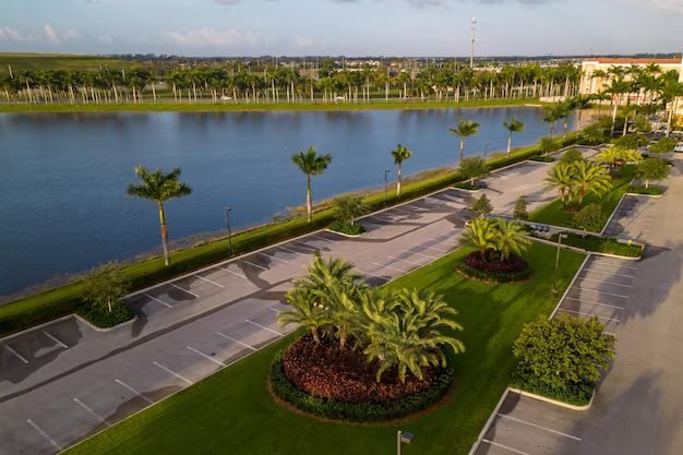Well-maintained lawns and palm planting at a commercial property in Dubai