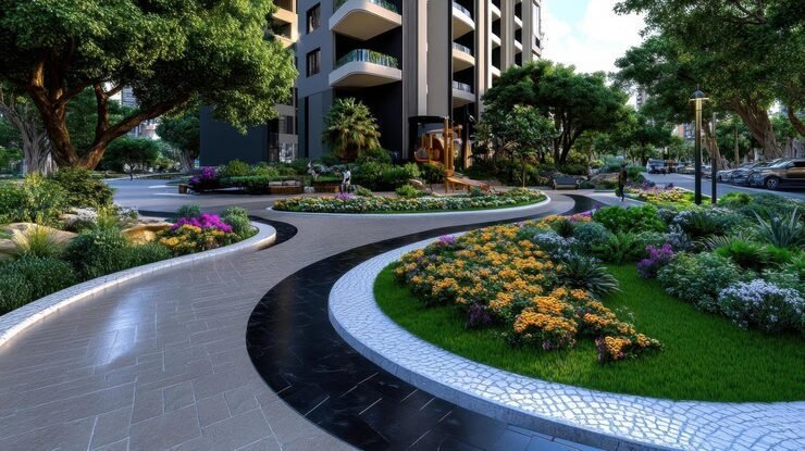 Curved paved walkway with flower beds at a residential development