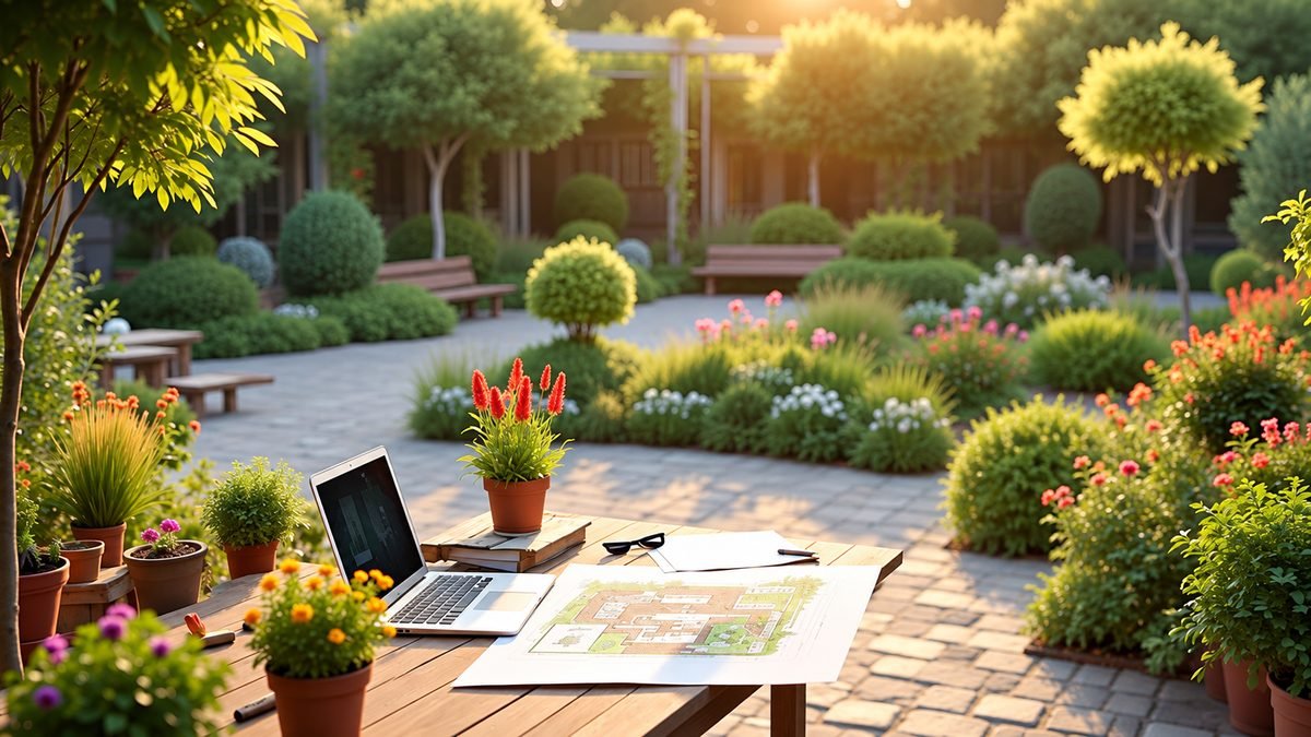 Garden design plans and laptop on a table in a landscaped courtyard