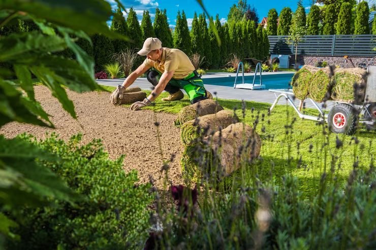 Landscaper laying natural turf in a villa garden in Dubai