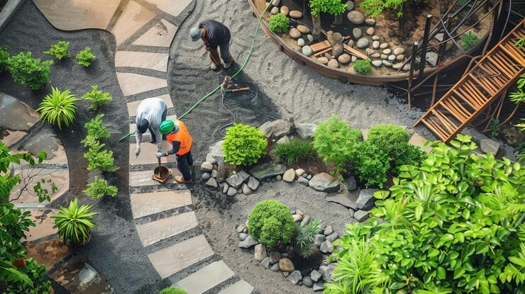 Landscapers laying a stepping-stone pathway and planting a garden
