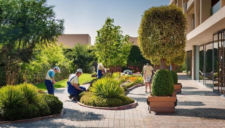 Green Glades landscaping team maintaining a commercial garden in Dubai