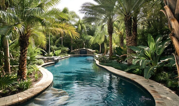 Villa swimming pool surrounded by palm trees and tropical planting