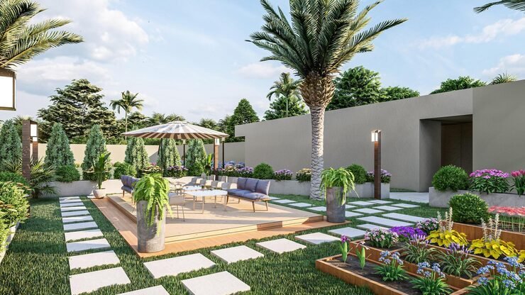 Villa garden with timber deck, shaded seating and stepping-stone pathway