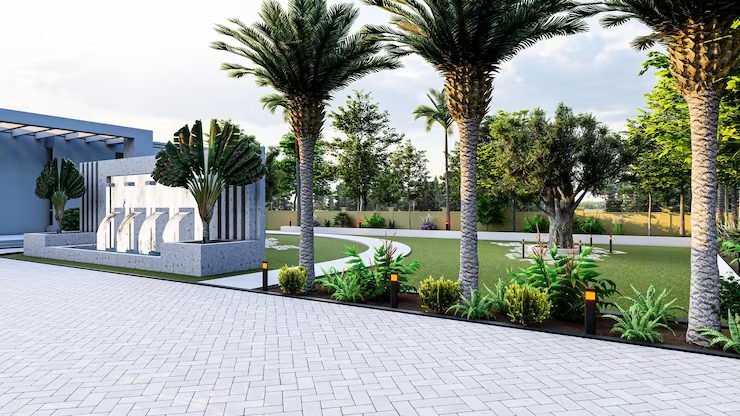Paved villa driveway with feature wall, palms and planting