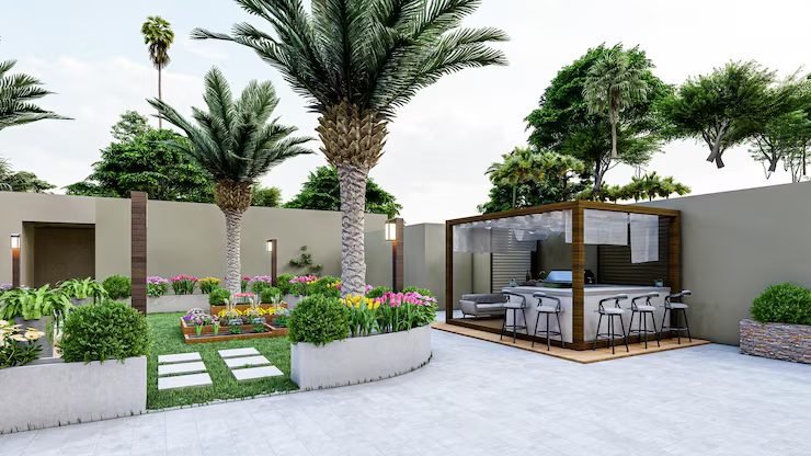 Villa garden with pergola, outdoor kitchen and stepping-stone path
