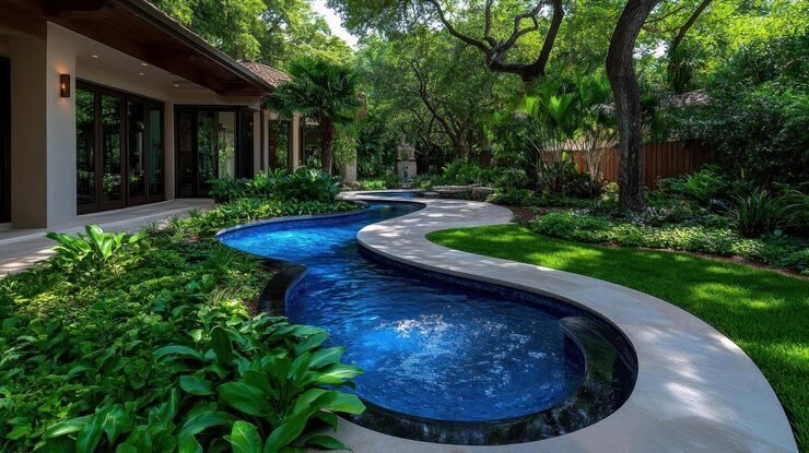 Curved villa swimming pool framed by lawn and tropical planting